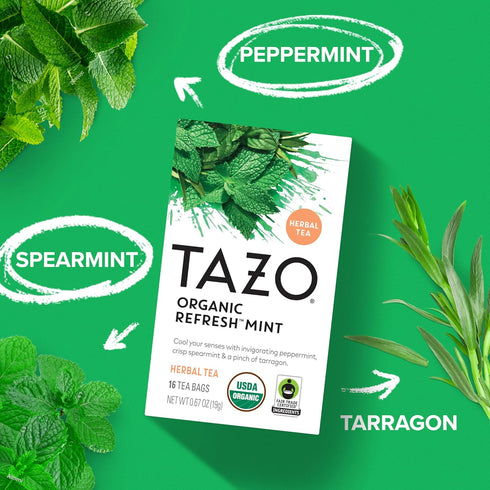 96 (Pack 2) TAZO Refresh Mint Herbal Tea Bags with Peppermint and Spearmint, Caffeine Free, Tea Bags