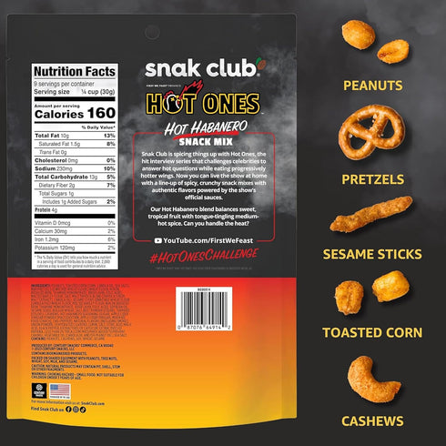 10 oz Snak Club x Hot Ones Hot Habanero Snack Mix, Spicy Snacks with Peanuts, Pretzels, Sesame Sticks, Toasted Corn
