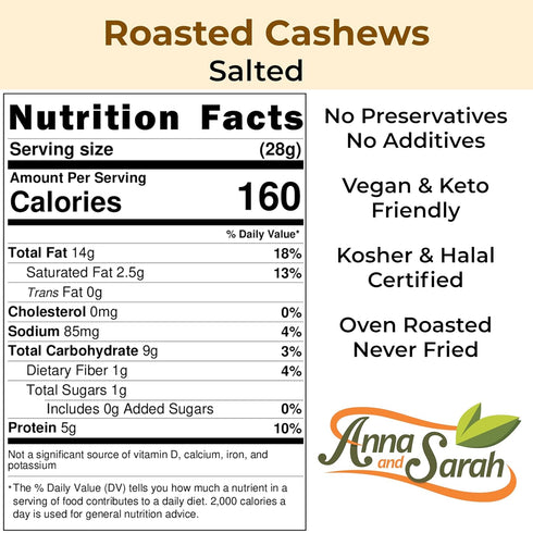 1 Lb 16 Oz Anna and Sarah Cashews Roasted Salted | Healthy Protein Snack, Natural Healthy Diet Friendly Snacks, Gift