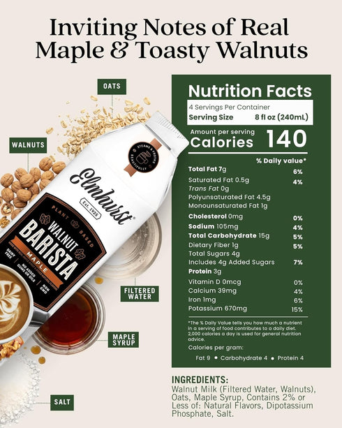 1925 32 (Pack 6) Elmhurst Maple Walnut Milk Barista Edition Ounce of Plant-Based, Extra Creamy, Vegan, Dairy-Free