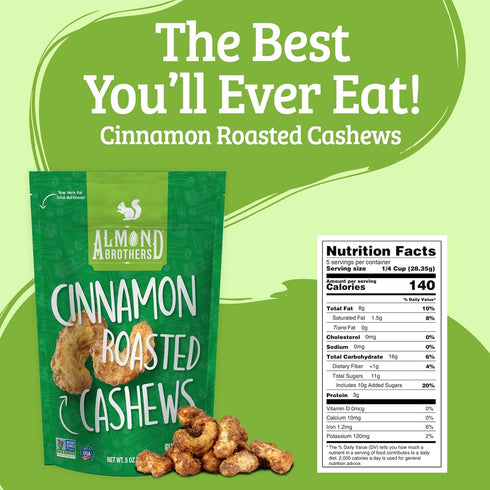 Pack 3, 5 oz Almond Brothers Roasted Cashews - of Hand Crafted Cinnamon Glazed Roasted Cashews, Gluten-Free, Non-GMO
