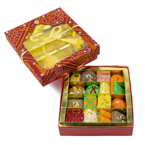 Sukhadia Sweets - Red Bandhani Temple Box - 20oz Premium Assorted Mithai