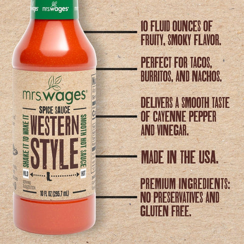 10 oz Mrs. Wages Western Style Spice Sauce, Medium Hot Sauce, Perfect for Tacos, Nachos, Chili Flavor With Fruity