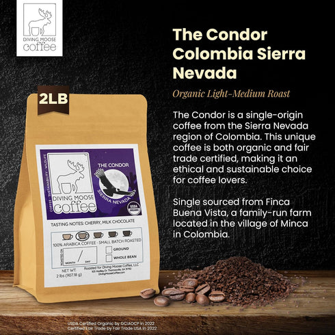 (32oz 2 LB) Diving Moose Coffee - The Condor Colombia Sierra Nevada USDA Organic Medium Light Roast / - Cocoa Cherry