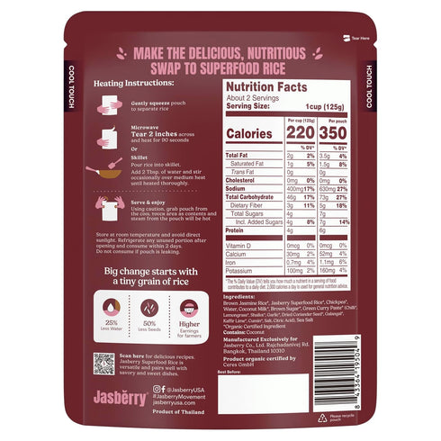 100% (7oz, 6-Pack) Jasberry Organic Rice - Superfood with High Antioxidants, Ready to Eat or Heat, Jasberry Rice