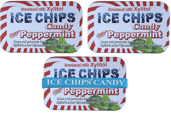 ICE CHIPS Xylitol Candy Tins 5.28 oz Total - Peppermint, 3 Pack, Includes BAND as shown