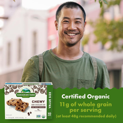 10 12.3 oz Cascadian Farm Organic Chewy Granola Bars, Dark Chocolate Chip, Value Size, Bars