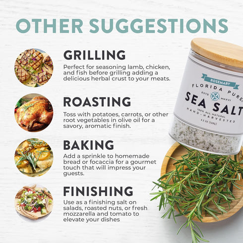 80+ (4.5 oz FLORIDA PURE Rosemary Sea Salt - Mineral Sea Salt, Natural, Unrefined, Non Iodized - for Baking, Cooking