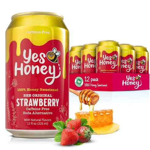 Yes Honey Soda Strawberry 11oz (12-Cans), 100% Honey-Sweetened Healthy Soda, Alpha Gal