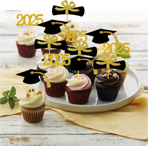 2025 Graduation Cupcake Toppers, 48 PCS Food/Appetizer Picks, Grad Cap Set, Diploma, Mini Cake Decorations