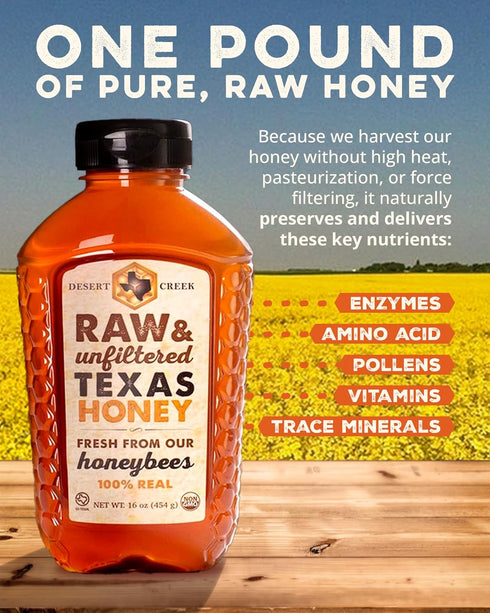 100% Desert Creek Honey - Unfiltered, Pure, Raw Honey from Texas - Natural Sugar Substitute - One Pound of Unprocessed