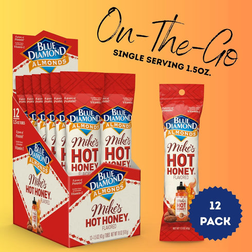 Pack 12, 1.5oz. Blue Diamond Almonds, Made with Mikes Hot Honey Infused with Chilies for a Perfect Sweet and Spicy