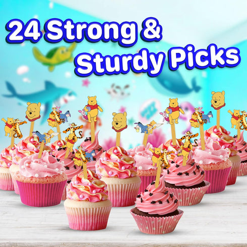24x Honey Bear Cupcake Toppers, Strong Picks for Happy Birthday Décor, Cupcake Decorations for Kids' Birthdays