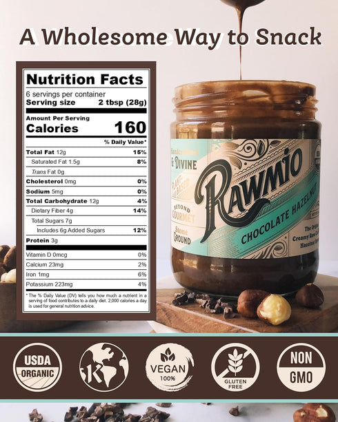 16 oz, Pack 1 Rawmio Chocolate Hazelnut Spread - Stone-Ground Choco Hazelnut Butter with Dietary Fiber, Iron, & Calcium