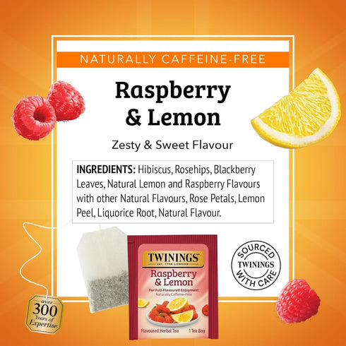 20 Count (Pack 6), 120 Twinings Raspberry & Lemon Herbal Tea Individually Wrapped Bags, of Fruity & Zesty, Naturally