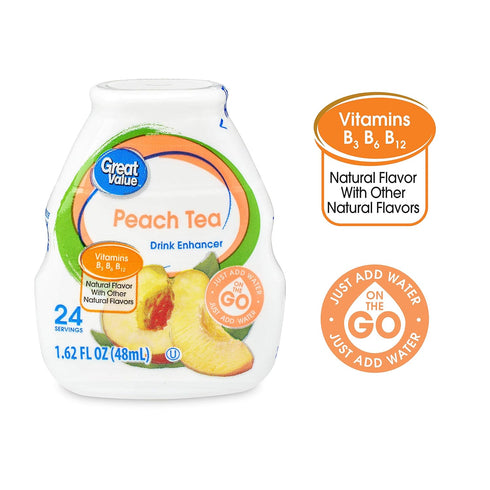 Great Value 6 1.62 oz Liquid Flavor Enhancer Tea Selection - Southern Sweet tea, Peach, Raspberry-Black Tea.
