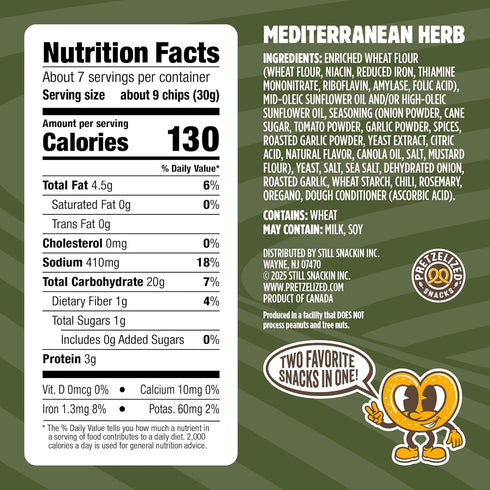 7 oz (Pack 12) PRETZELIZED Snacks Pretzel Pita Chips, Mediterranean Herb Flavor, Bags