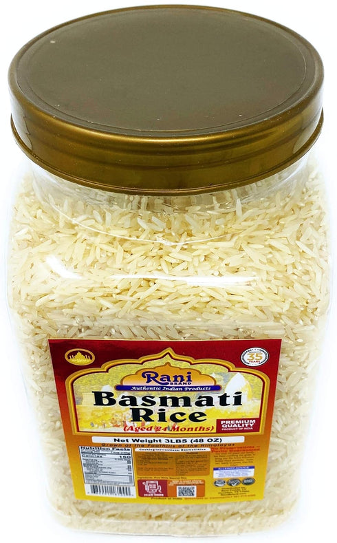 48oz (3lbs) 1.36kg Rani Platinum White Basmati Rice Extra Long Aged PET Jar ~ All Natural | Gluten Friendly | Vegan |
