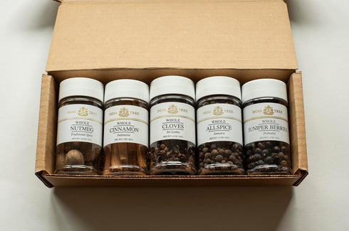 India Tree Winter Holiday Spice Gift Pack - Cinnamon, Nutmeg, Cloves, Allspice, and Juniper Berries - 7.7 Ounces Total