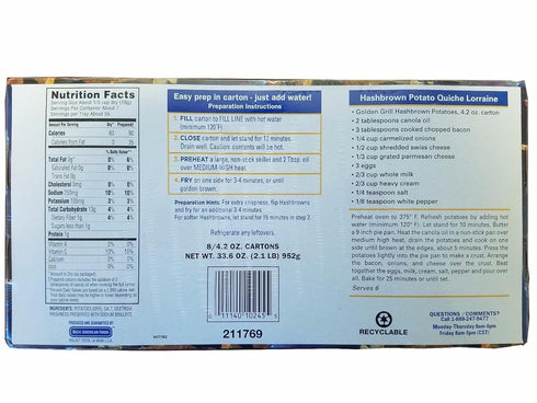 Golden Grill Potatoes(56 8 count pack 4.2 oz(119g) Hashbrown total servings) Net Wt per carton, Gluten Free