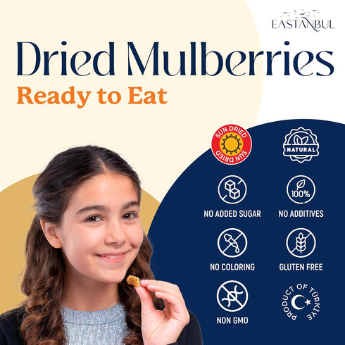 Mulberry, Mulberries, 14.5oz, Eastanbul Dried Sun Dried White, Natural, Unsweetened, Non-GMO, Gluten Free, Vegan