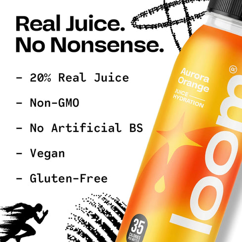 30 12 oz 12 pack Aurora Orange Juice Drinks by Loom, Low Sugar Juice, Real Fruit, No Added Sugar, Healthy Hydration