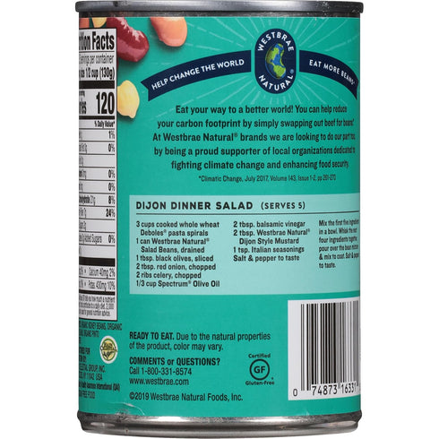 15 oz (Pack 12) WESTBRAE Natural Organic Salad Beans,No Salt Added, Source of Plant Based Protein and Fiber, Low Fat