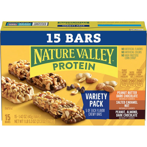 Pack, 10g 15 Count, 21.3 oz Nature Valley Protein Bars Variety Gluten Free Chewy Granola Snack Bars, Protein, Peanut