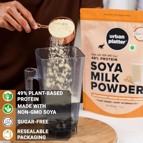 35.27 Oz (1kg) 49% Urban Platter Soya Milk Powder | | Plant Protein | Unflavored Soy Milk for Coffee, Tea, Smoothies