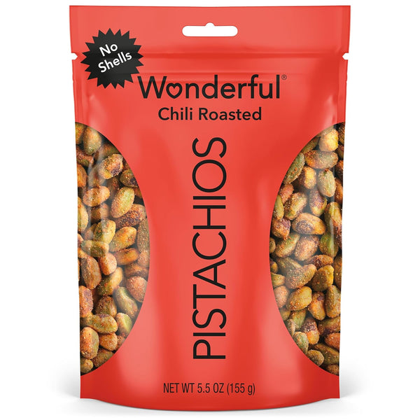 Wonderful Pistachios No Shells, Chili Roasted Nuts, 5.5 Ounce Resealable Bag, Protein