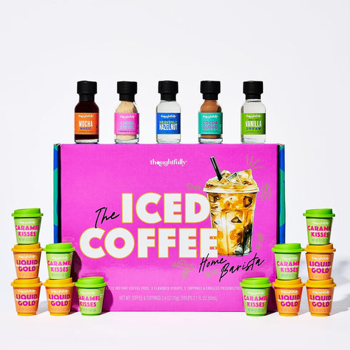 Set, Thoughtfully, Iced Coffee Barista Bar Gift Includes Instant Coffee, Flavored Syrups, Cocoa Powder & Cinnamon