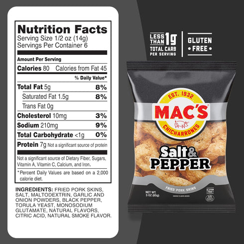 3oz (12-Pack) Mac's Salt and Pepper Fried Pork Skins - Salt & Pepper Flavored Chicharrones Pork Rinds - Low Carb