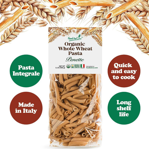 1.1 lb (Pack 3) Food to Live Organic Pennette Whole Wheat Pasta of Made in Italy. Pasta Integrale Bio. High Fiber