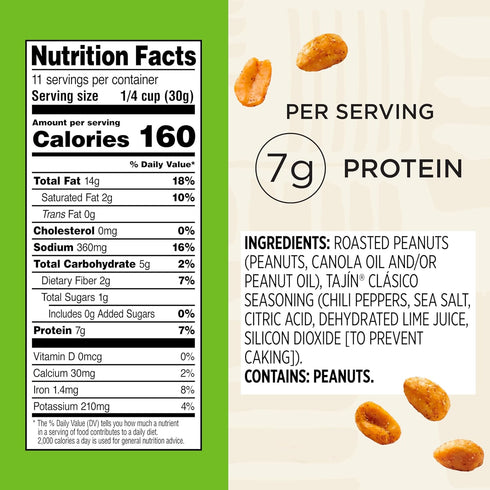 12 oz Snak Club Tajin Peanuts, Roasted Nuts with Chili and Lime Seasoning, Mild, Resealable Bag