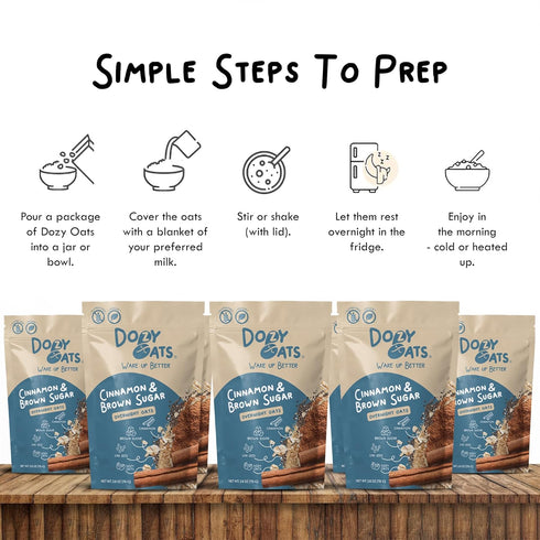 Dozy Packets, Multipack 12-Pack Oats Overnight Oatmeal Cinnamon and Brown Sugar with Rolled Oats and Chia Seeds.