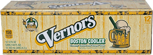 Vernors 12-pack 12-ounce pack (12-count) Ginger Soda (ale) Boston Cooler Edition creamy vanilla cans in fridge