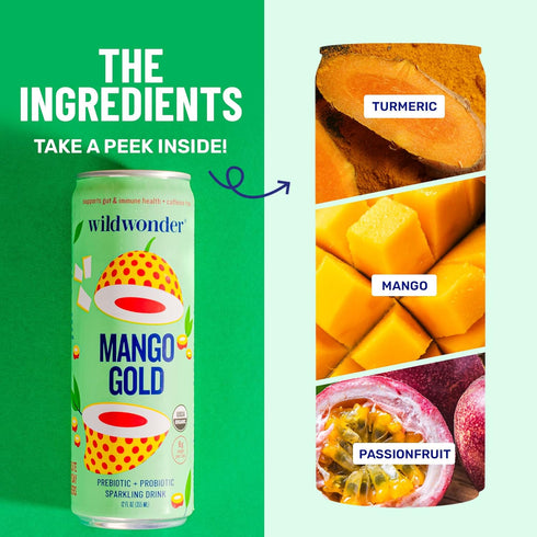 12pk, Immune 5g 12 Pack, 12oz wildwonder Sparkling Probiotic Drink For Gut Health & Support, Mango Gold, Prebiotic