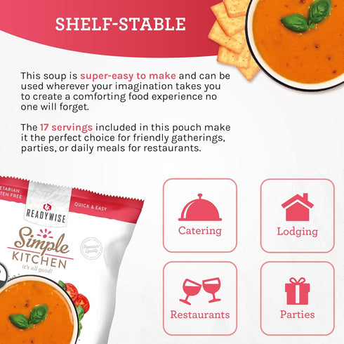 17 1 Pack READYWISE - Simple Kitchen, Tomato Basil Soup, Servings, MRE, Gluten Free, & Vegetarian, Food, Soup Mix