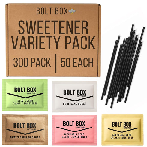 Bolt Box (300 total, 50 each) Sugar & Sugar Substitute Packets Assorted Variety Pack