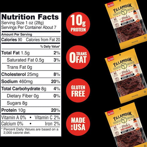 Country 6.5 Tillamook Smoker Premium Beef Jerky, Mike's Hot Honey, Ounce, Real Hardwood Smoked Beef, Low Carb, High