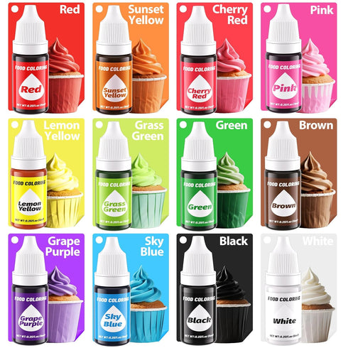 12 Set, 0.25 Fl.oz(6ml)/Bottles Color Gel Food Coloring Liquid KATSPRO Food Grade Tasteless Vibrant Food Coloring Dye