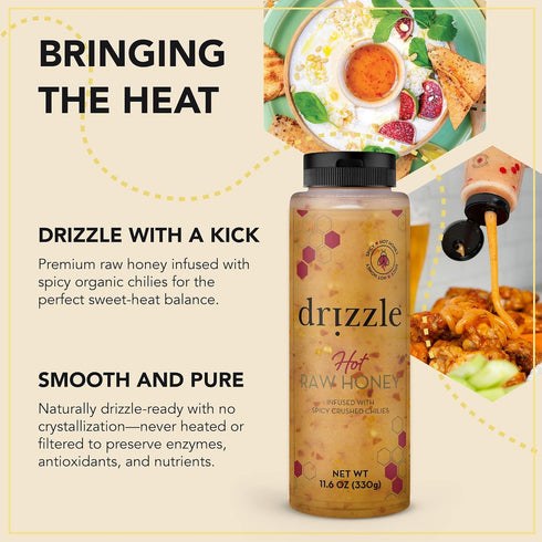 11.6 oz (330 Drizzle Hot Honey - All Natural Raw Spicy Honey Sauce, Infused with Organic Chilies, Unfiltered