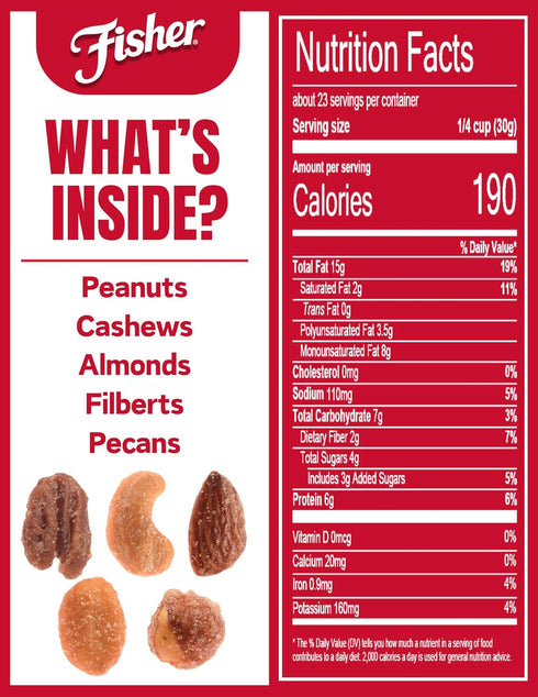 Peanuts,24 Ounces,Peanuts,Cashews,Almonds,Filberts,Pecans,(Pack 2) Fisher Snack Honey Roasted Mixed Nuts