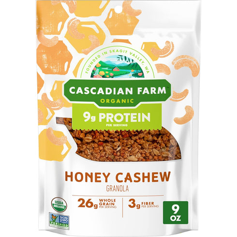Cascadian Farm Organic Honey Cashew Granola, Protein Granola, Non-GMO, Resealable Pouch, 9