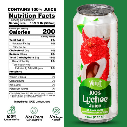 100% 16.9 oz (500 mL) Pack 12 VINUT Lychee Juice, No Added Sugar, Not From Concentrate, fl Can