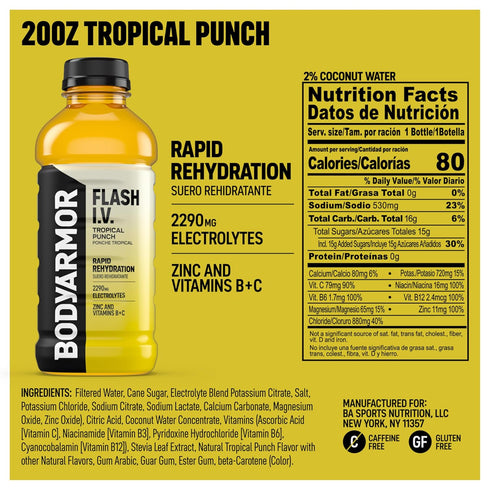 20 Oz (Pack 12) BODYARMOR Flash I.V. Electrolyte Beverage, Tropical Punch, Hydration Drink with Coconut Water For Rapid