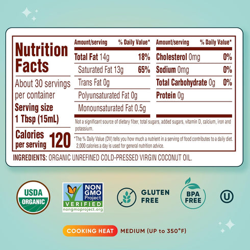 15-ounce Nutiva Organic, Cold-Pressed, Unrefined, Virgin Coconut Oil from Fresh, non-GMO, Sustainably Farmed Coconuts