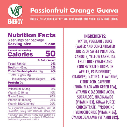 V8 +ENERGY 8 oz (24 Pack) Passionfruit Orange Guava Juice Energy Drink, fl Can
