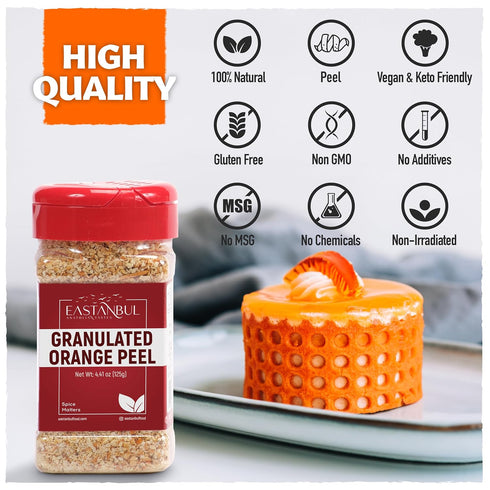4.41oz, Eastanbul Granulated Orange Peel, Dried Orange Peel for Baking, Cooking, Marinades, and Rubs, Perfect for Tea