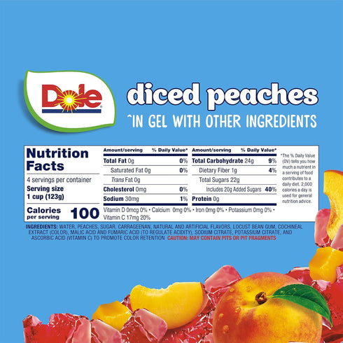 4.3oz 24 Dole Fruit Bowls Peaches in Strawberry Flavored Gel Snacks, Total Cups, Gluten & Dairy Free, Bulk Lunch Snacks